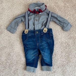 Handsome button down and overalls with bow tie